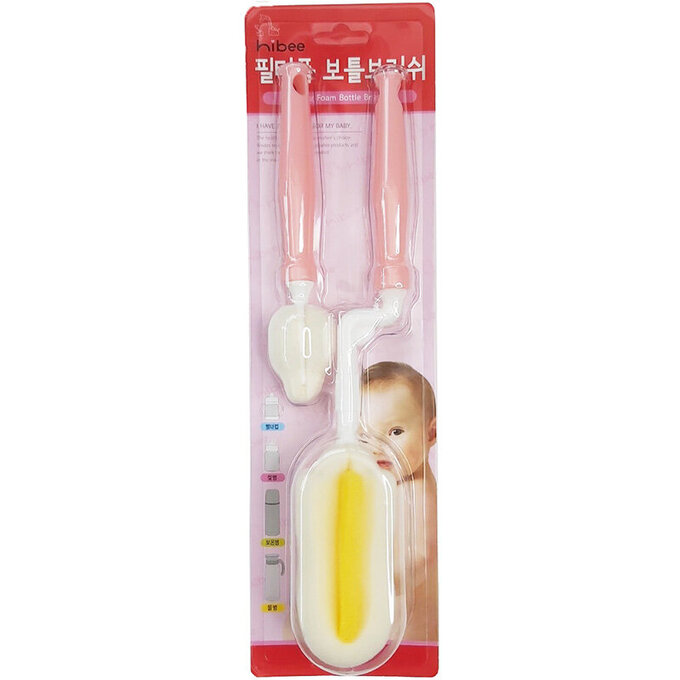 正韓 hibee 極柔細各類水瓶/水壺/保溫瓶/奶瓶 萬用海綿刷(旋轉型)+海綿隙縫刷 (櫻花粉) HFB0102P