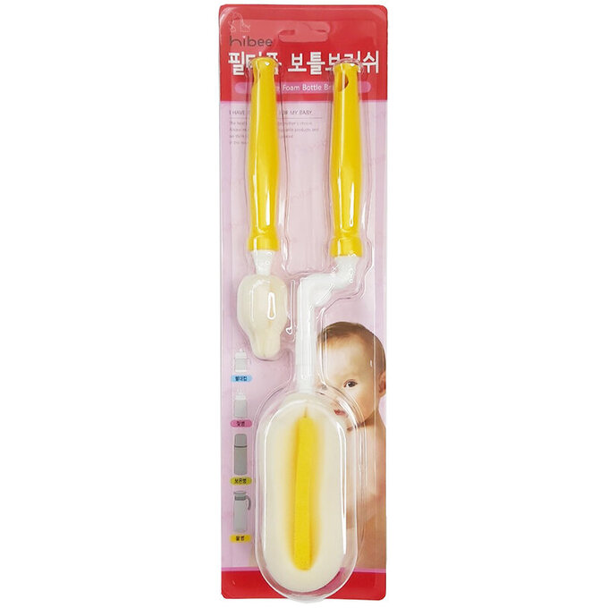 正韓 hibee 極柔細各類水瓶/水壺/保溫瓶/奶瓶 萬用海綿刷(旋轉型)+海綿隙縫刷 (星星黃) HFB0102Y