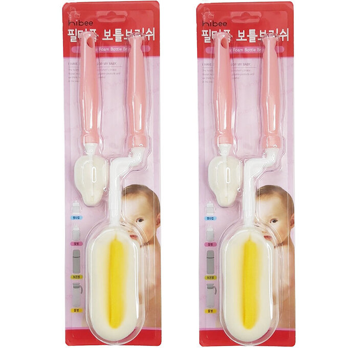 正韓 hibee 極柔細各類水瓶/水壺/保溫瓶/奶瓶 萬用海綿刷(旋轉型)+海綿隙縫刷 (櫻花粉) HFB0102P2 (兩套)