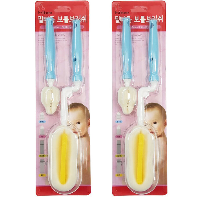 正韓 hibee 極柔細各類水瓶/水壺/保溫瓶/奶瓶 萬用海綿刷(旋轉型)+海綿隙縫刷 (天空藍)  HFB0102S2 (兩套)