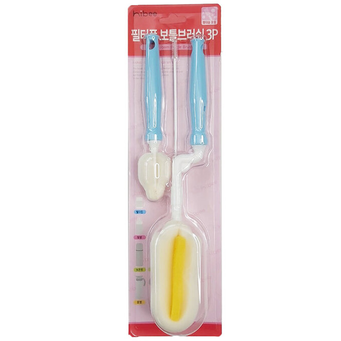 正韓 hibee 極柔細各類水瓶/水壺/保溫瓶/奶瓶 萬用海綿刷(旋轉型)+海綿隙縫刷+吸管刷(天空藍)  HFB0103S