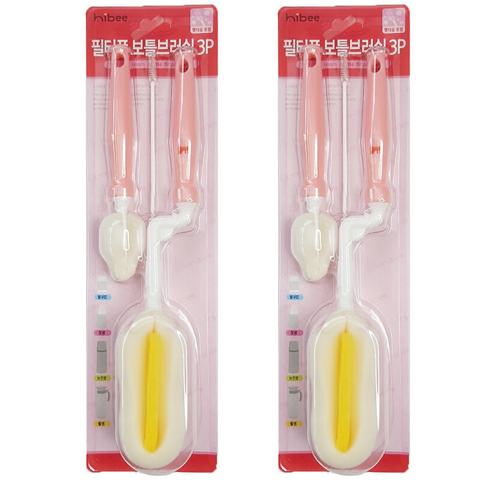 正韓 hibee 極柔細各類水瓶/水壺/保溫瓶/奶瓶 萬用海綿刷(旋轉型)+海綿隙縫刷+吸管刷(櫻花粉) HFB0103P2 (兩套)