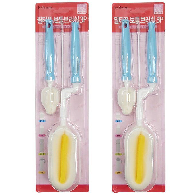 正韓 hibee 極柔細各類水瓶/水壺/保溫瓶/奶瓶 萬用海綿刷(旋轉型)+海綿隙縫刷+吸管刷(天空藍)  HFB0103S2 (兩套)