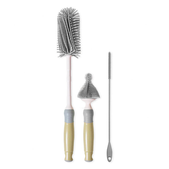 正韓 hibee 極柔細奶瓶/水瓶/水壺/杯蓋螺旋 矽膠萬用清潔刷+隙縫刷+吸管刷(極光灰) HSB001G