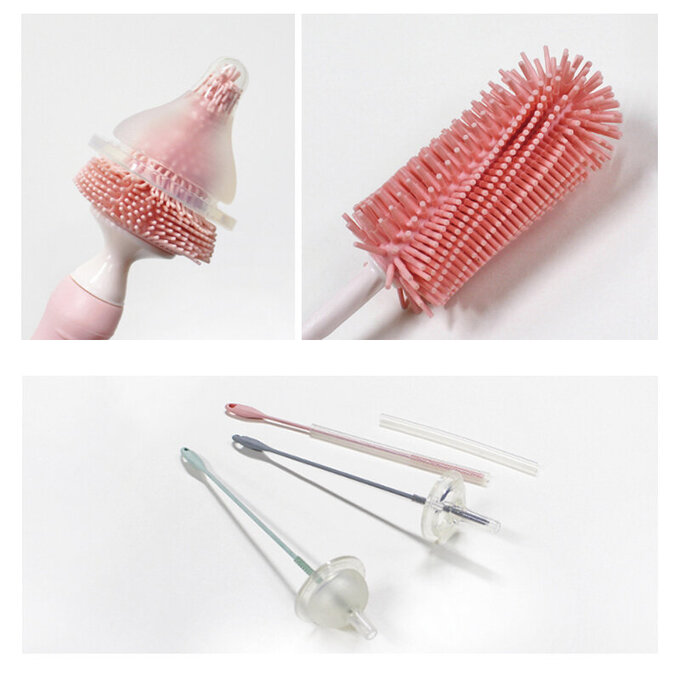 正韓 hibee 極柔細奶瓶/水瓶/水壺/杯蓋螺旋 矽膠萬用清潔刷+隙縫刷+吸管刷(珊瑚粉) HSB001P
