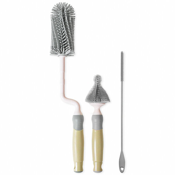 正韓 hibee 極柔細奶瓶/水瓶/水壺/杯蓋螺旋 矽膠萬用清潔刷(旋轉型)+隙縫刷+吸管刷(極光灰) HSB002G