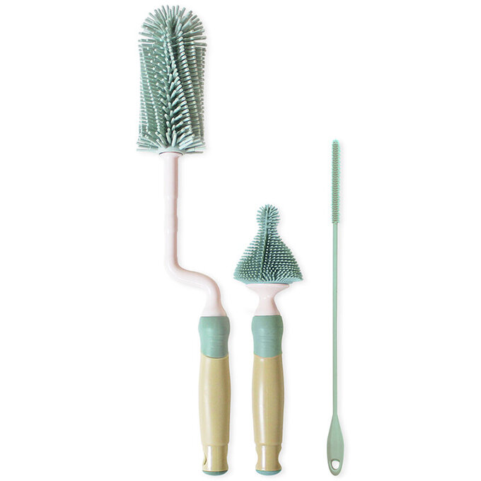 正韓 hibee 極柔細奶瓶/水瓶/水壺/杯蓋螺旋 矽膠萬用清潔刷(旋轉型)+隙縫刷+吸管刷(翡翠綠) HSB002M