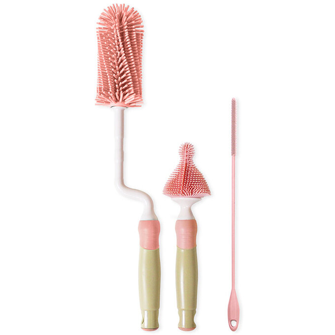 正韓 hibee 極柔細奶瓶/水瓶/水壺/杯蓋螺旋 矽膠萬用清潔刷(旋轉型)+隙縫刷+吸管刷(珊瑚粉) HSB002P