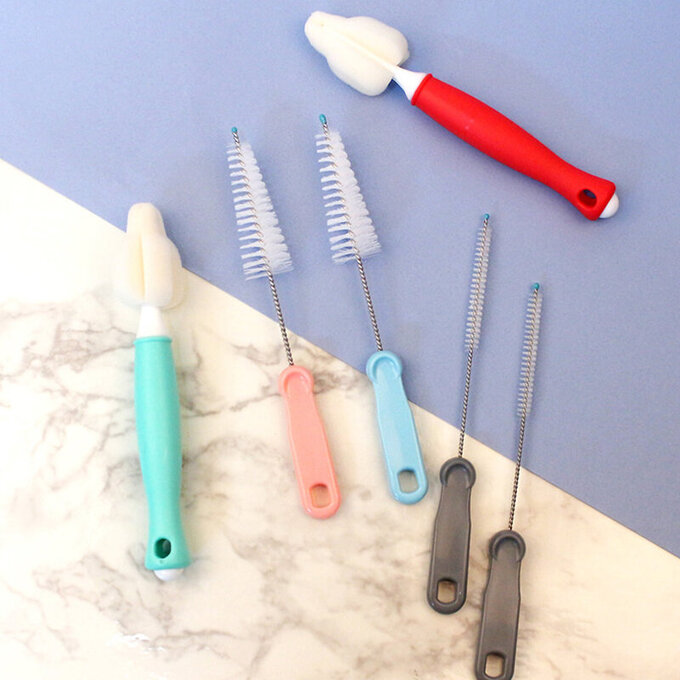 正韓 hibee 極細緻各類水壺/杯蓋螺旋/奶嘴/奶瓶 海綿隙縫刷+茶壺嘴刷+吸管刷3入組 (紅玫) HOB001R