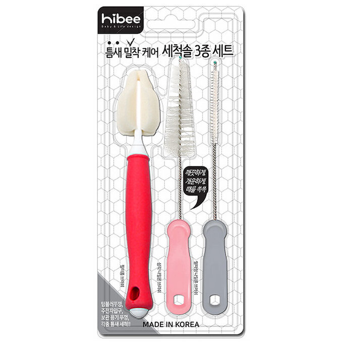 正韓 hibee 極細緻各類水壺/杯蓋螺旋/奶嘴/奶瓶 海綿隙縫刷+茶壺嘴刷+吸管刷3入組 (紅玫) HOB001R