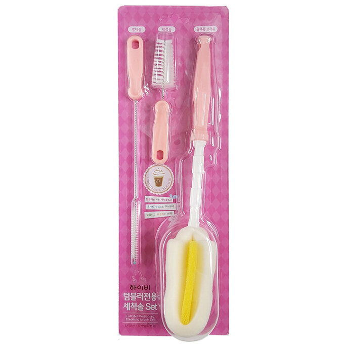 正韓 hibee 極柔細各類水瓶/水壺/奶瓶 廚房萬用海綿刷+ 茶壺嘴刷+吸管刷(粉) HTB001P