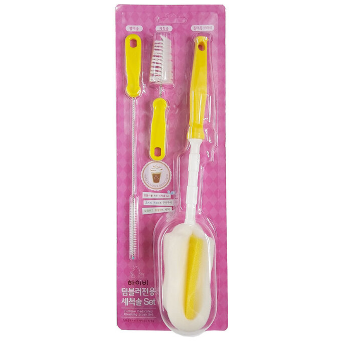 正韓 hibee 極柔細各類水瓶/水壺/奶瓶 廚房萬用海綿刷+ 茶壺嘴刷+吸管刷(黃) HTB001Y