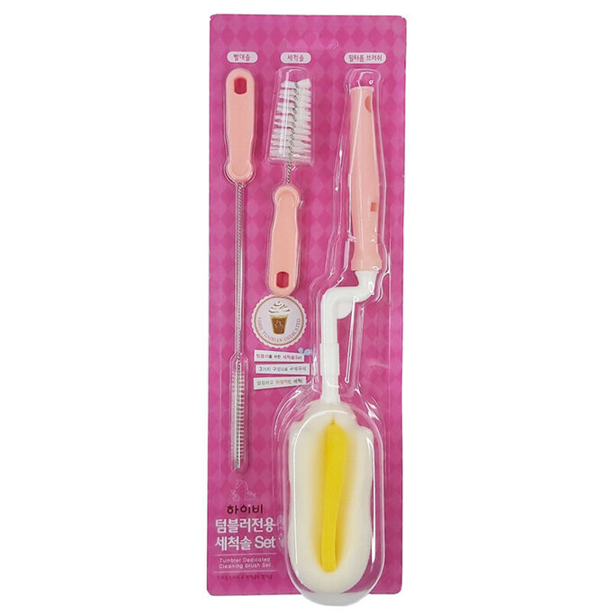 正韓 hibee 極柔細各類水瓶/水壺/奶瓶 廚房萬用海綿刷(旋轉型)+茶壺嘴刷+吸管刷(粉) HTB002P