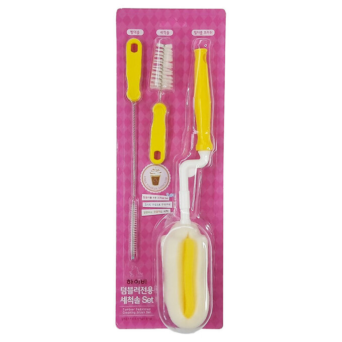 正韓 hibee 極柔細各類水瓶/水壺/奶瓶 廚房萬用海綿刷(旋轉型)+茶壺嘴刷+吸管刷(黃) HTB002Y