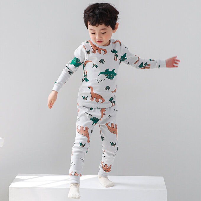 正韓 Cogibu 極舒適無螢光劑 100% 有機棉幼兒/兒童睡衣/家居服套裝組_恐龍_CGA001