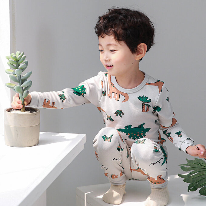 正韓 Cogibu 極舒適無螢光劑 100% 有機棉幼兒/兒童睡衣/家居服套裝組_恐龍_CGA001