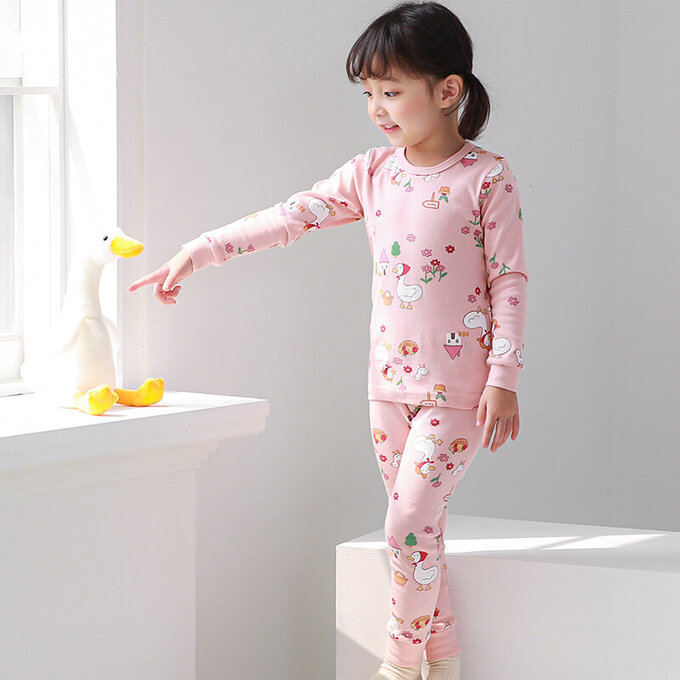 正韓 Cogibu 極舒適無螢光劑 100% 有機棉幼兒/兒童睡衣/家居服套裝組_小花鴨_CGA003