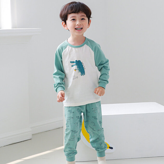 正韓 Cogibu 極舒適無螢光劑 100% 有機棉幼兒/兒童睡衣/家居服套裝組_小鱷魚_CGB002