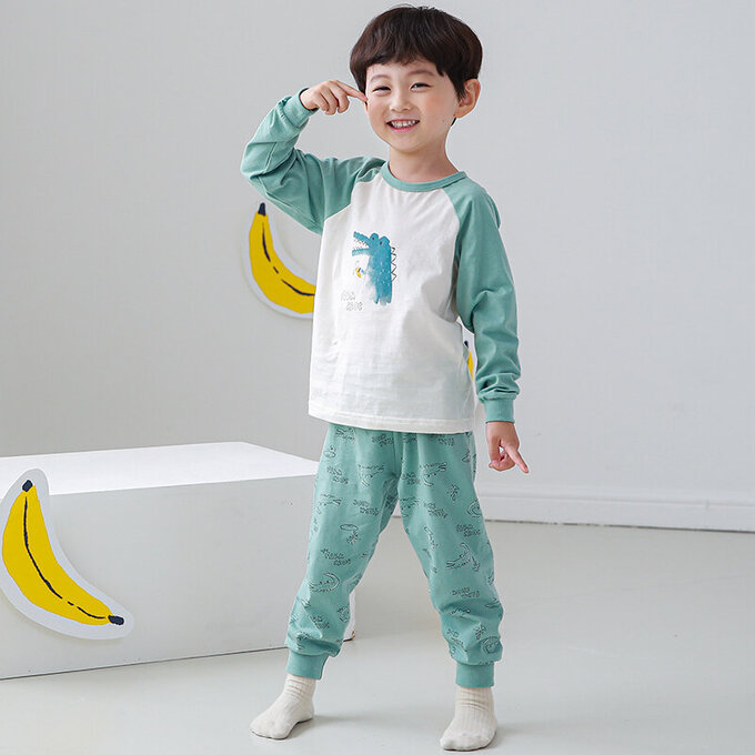 正韓 Cogibu 極舒適無螢光劑 100% 有機棉幼兒/兒童睡衣/家居服套裝組_小鱷魚_CGB002
