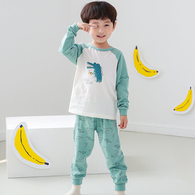正韓 Cogibu 極舒適無螢光劑 100% 有機棉幼兒/兒童睡衣/家居服套裝組_小鱷魚_CGB002