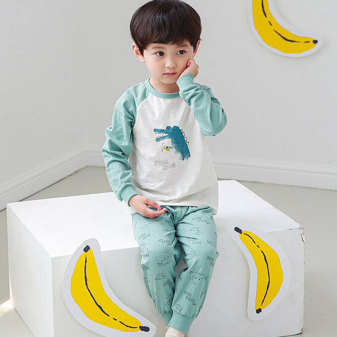 正韓 Cogibu 極舒適無螢光劑 100% 有機棉幼兒/兒童睡衣/家居服套裝組_小鱷魚_CGB002