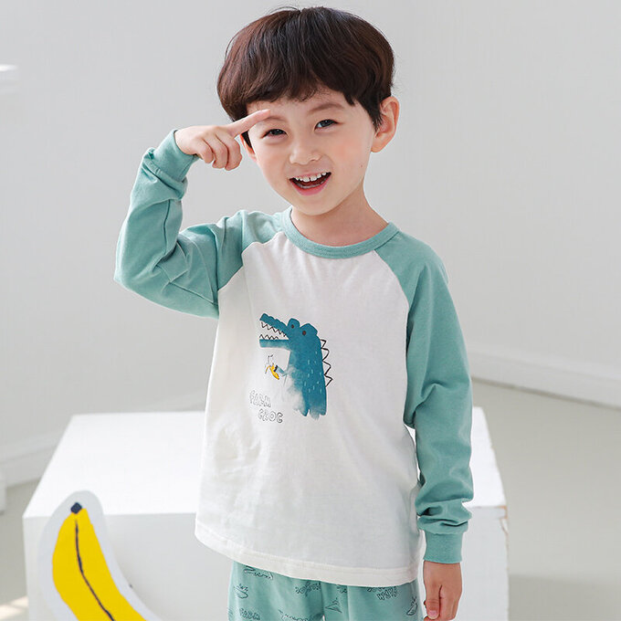 正韓 Cogibu 極舒適無螢光劑 100% 有機棉幼兒/兒童睡衣/家居服套裝組_小鱷魚_CGB002