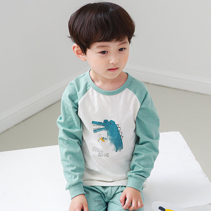 正韓 Cogibu 極舒適無螢光劑 100% 有機棉幼兒/兒童睡衣/家居服套裝組_小鱷魚_CGB002
