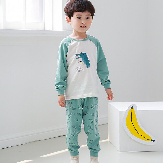 正韓 Cogibu 極舒適無螢光劑 100% 有機棉幼兒/兒童睡衣/家居服套裝組_小鱷魚_CGB002