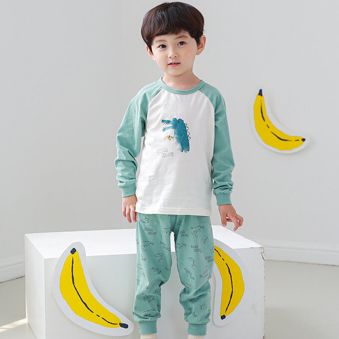 正韓 Cogibu 極舒適無螢光劑 100% 有機棉幼兒/兒童睡衣/家居服套裝組_小鱷魚_CGB002