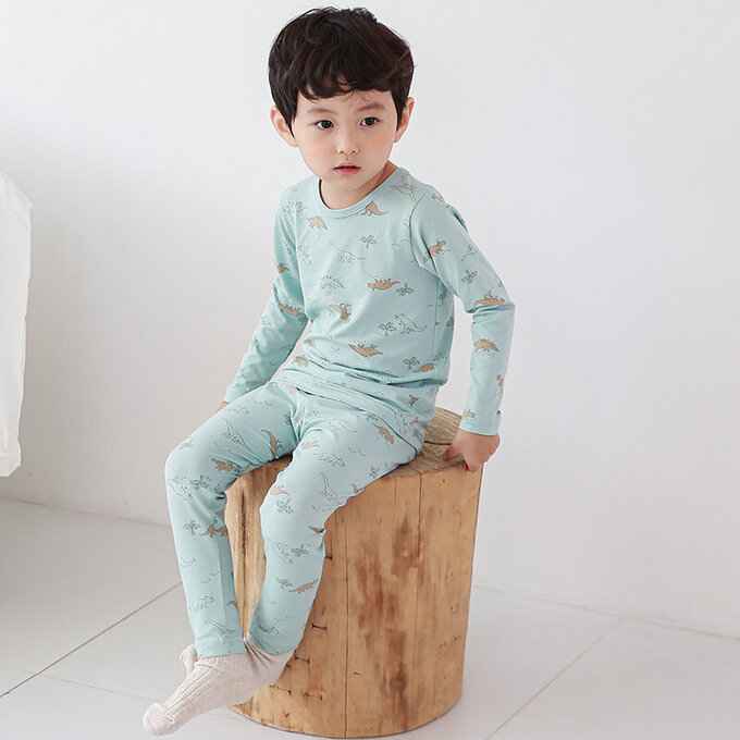 正韓 Cogibu 極舒適無螢光劑幼兒/兒童 AERO WARM 有機發熱衣睡衣/家居服套裝組_恐龍_CGD003