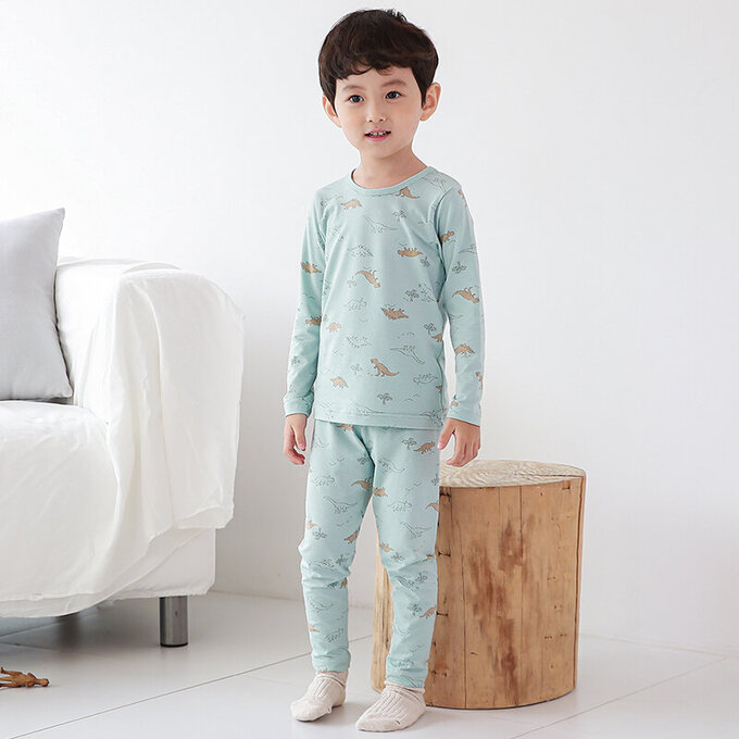 正韓 Cogibu 極舒適無螢光劑幼兒/兒童 AERO WARM 有機發熱衣睡衣/家居服套裝組_恐龍_CGD003