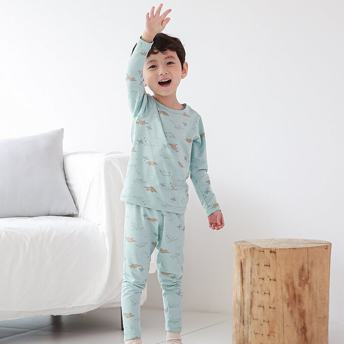 正韓 Cogibu 極舒適無螢光劑幼兒/兒童 AERO WARM 有機發熱衣睡衣/家居服套裝組_恐龍_CGD003