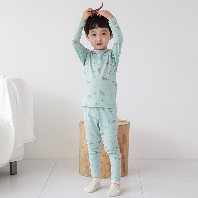 正韓 Cogibu 極舒適無螢光劑幼兒/兒童 AERO WARM 有機發熱衣睡衣/家居服套裝組_恐龍_CGD003