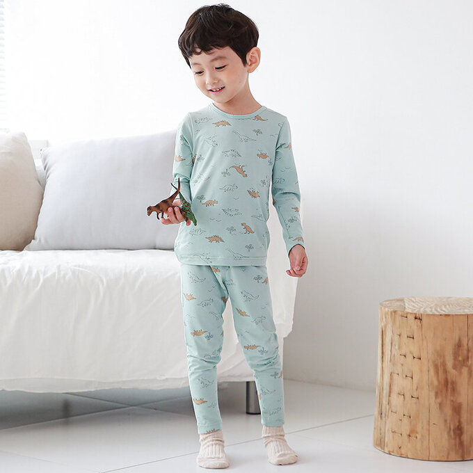 正韓 Cogibu 極舒適無螢光劑幼兒/兒童 AERO WARM 有機發熱衣睡衣/家居服套裝組_恐龍_CGD003