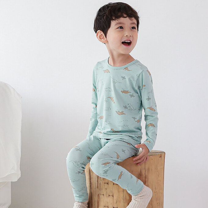 正韓 Cogibu 極舒適無螢光劑幼兒/兒童 AERO WARM 有機發熱衣睡衣/家居服套裝組_恐龍_CGD003
