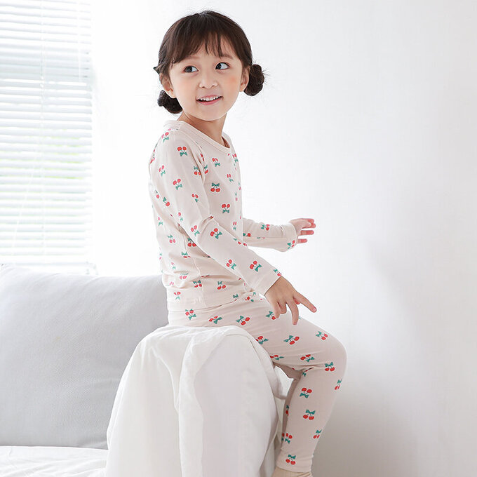正韓 Cogibu 極舒適無螢光劑幼兒/兒童 AERO WARM 有機發熱衣睡衣/家居服套裝組_紅櫻桃_CGD005