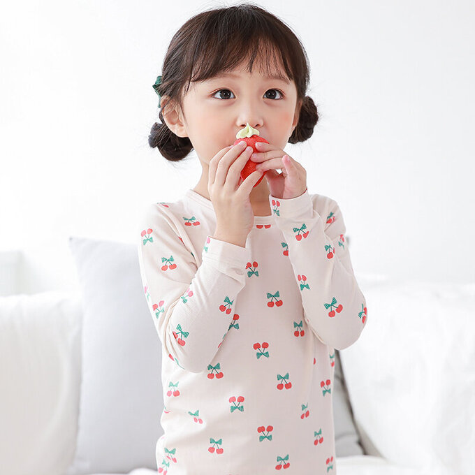 正韓 Cogibu 極舒適無螢光劑幼兒/兒童 AERO WARM 有機發熱衣睡衣/家居服套裝組_紅櫻桃_CGD005