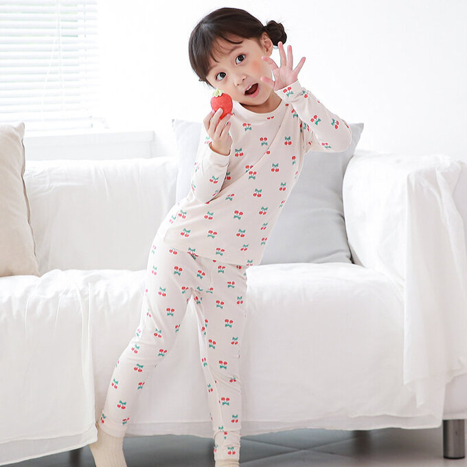 正韓 Cogibu 極舒適無螢光劑幼兒/兒童 AERO WARM 有機發熱衣睡衣/家居服套裝組_紅櫻桃_CGD005