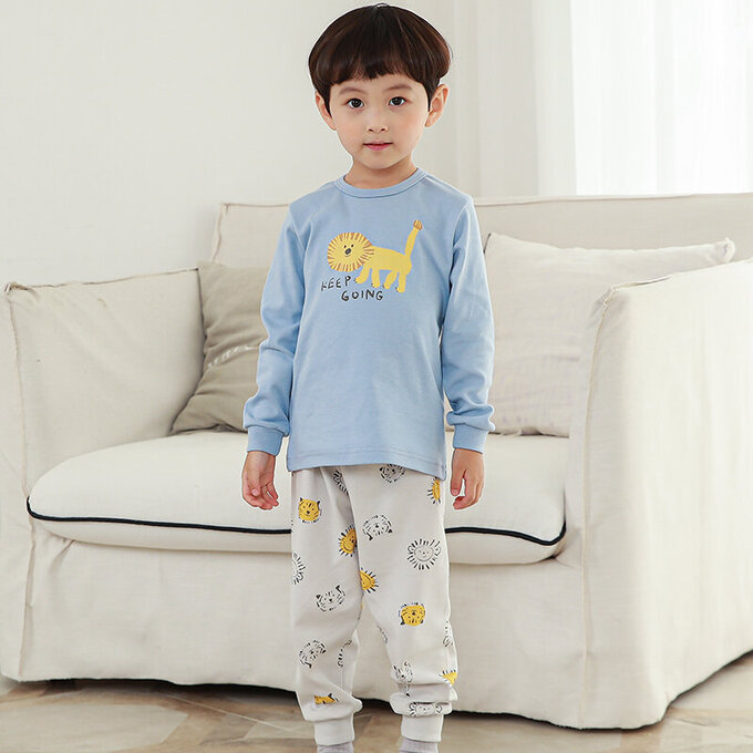 正韓 Cogibu 極舒適無螢光劑 100% 有機棉(雙面)幼兒/兒童長袖睡衣/家居服套裝組_小獅王_CGE001