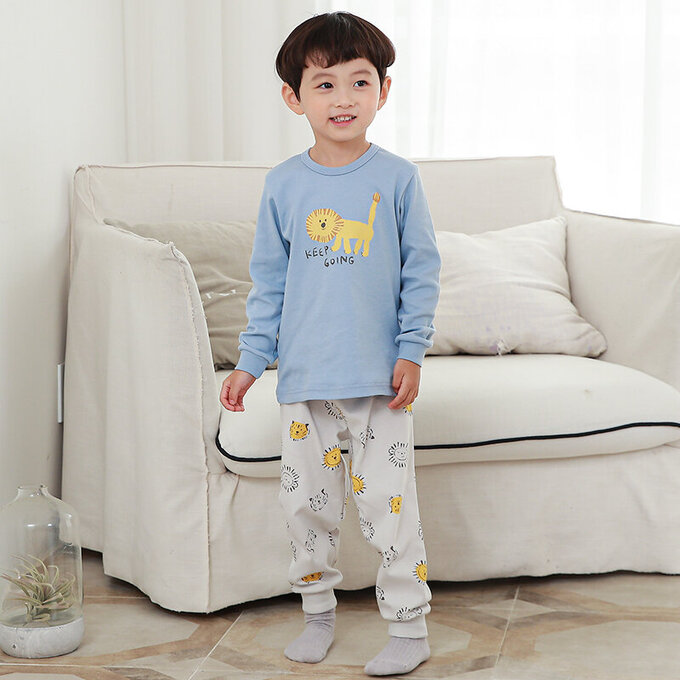 正韓 Cogibu 極舒適無螢光劑 100% 有機棉(雙面)幼兒/兒童長袖睡衣/家居服套裝組_小獅王_CGE001