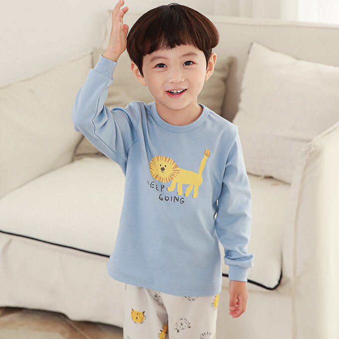 正韓 Cogibu 極舒適無螢光劑 100% 有機棉(雙面)幼兒/兒童長袖睡衣/家居服套裝組_小獅王_CGE001