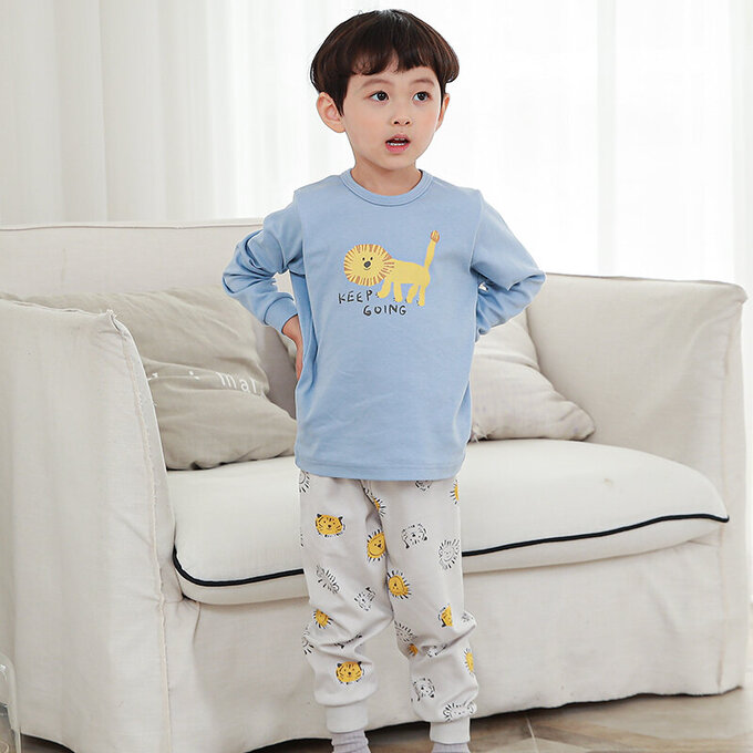 正韓 Cogibu 極舒適無螢光劑 100% 有機棉(雙面)幼兒/兒童長袖睡衣/家居服套裝組_小獅王_CGE001