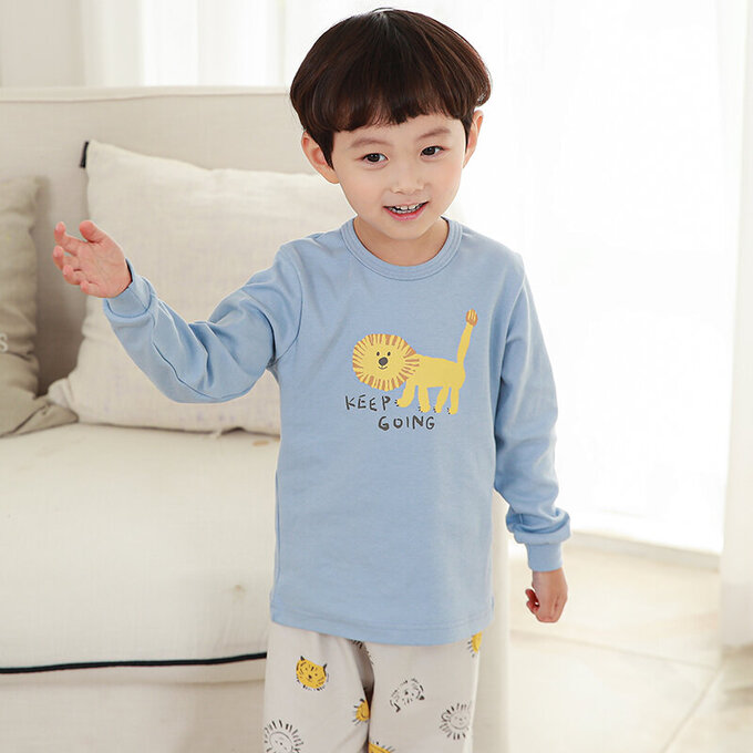 正韓 Cogibu 極舒適無螢光劑 100% 有機棉(雙面)幼兒/兒童長袖睡衣/家居服套裝組_小獅王_CGE001