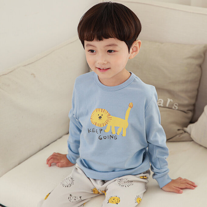 正韓 Cogibu 極舒適無螢光劑 100% 有機棉(雙面)幼兒/兒童長袖睡衣/家居服套裝組_小獅王_CGE001