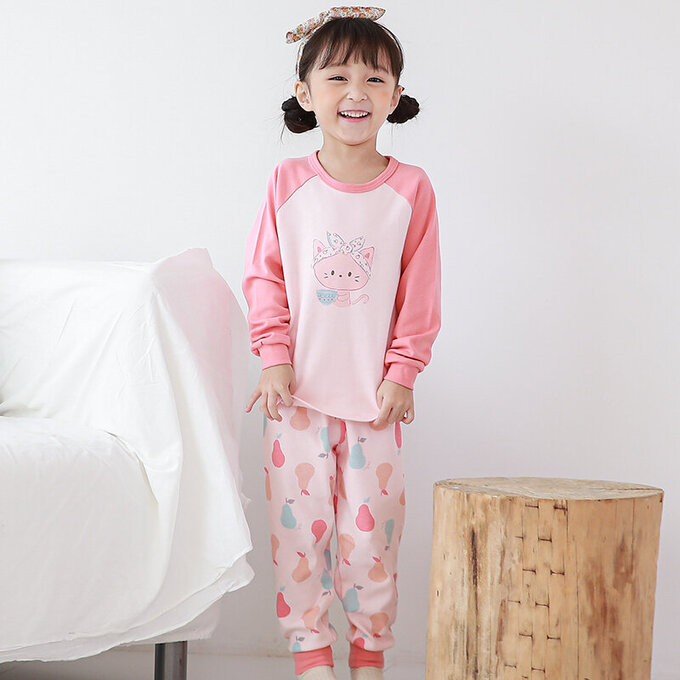 正韓 Cogibu 極舒適無螢光劑 100% 有機棉(雙面)幼兒/兒童長袖睡衣/家居服套裝組_梨子貓_CGE006