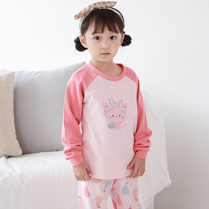 正韓 Cogibu 極舒適無螢光劑 100% 有機棉(雙面)幼兒/兒童長袖睡衣/家居服套裝組_梨子貓_CGE006