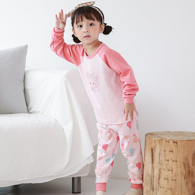 正韓 Cogibu 極舒適無螢光劑 100% 有機棉(雙面)幼兒/兒童長袖睡衣/家居服套裝組_梨子貓_CGE006