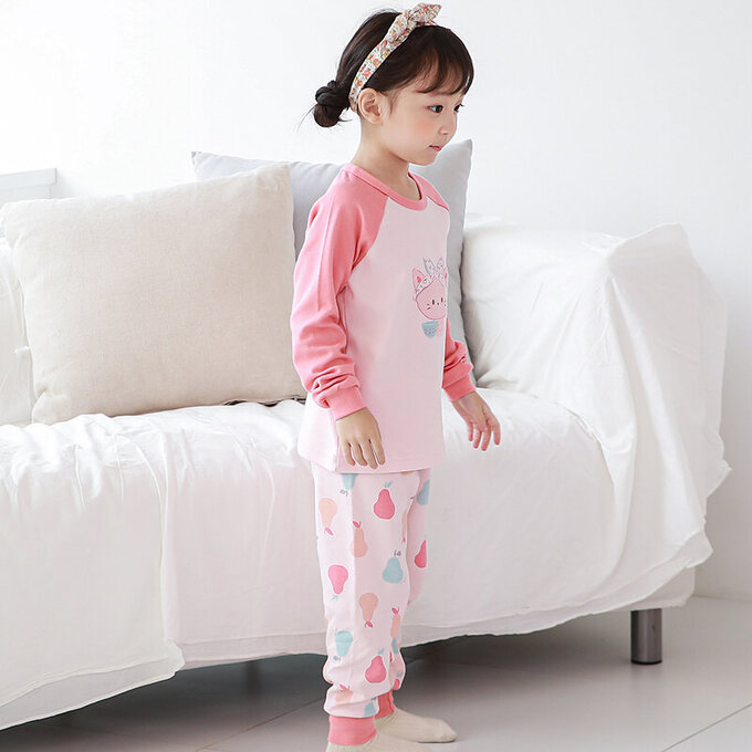 正韓 Cogibu 極舒適無螢光劑 100% 有機棉(雙面)幼兒/兒童長袖睡衣/家居服套裝組_梨子貓_CGE006