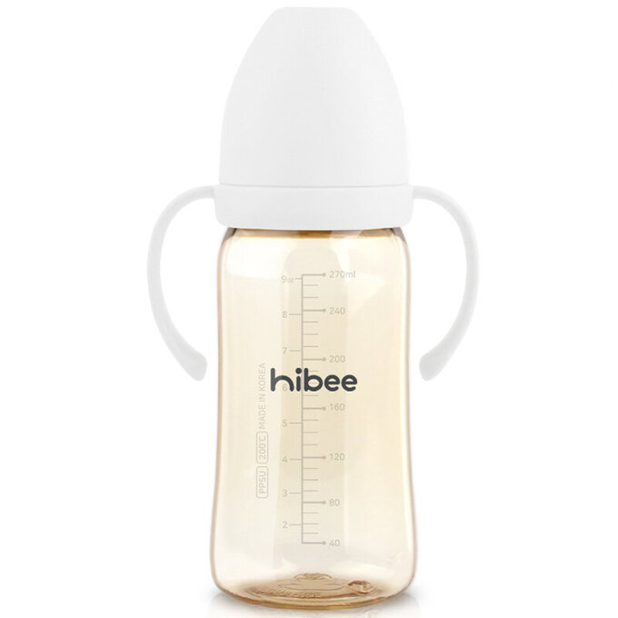 正韓 hibee 靜謐i瓶 仿媽咪乳房感  『八孔360°循環防脹氣』 PPSU 寬口奶瓶/水瓶270ml_含把手_白_HB3W
