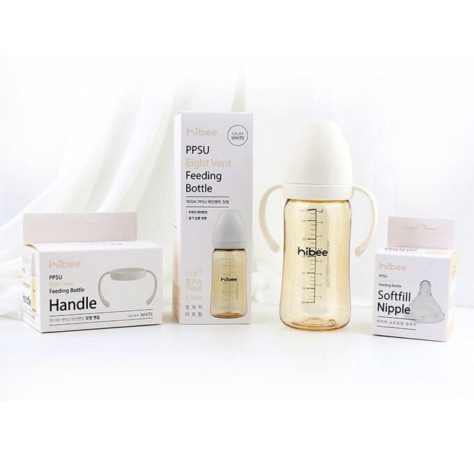正韓 hibee 靜謐i瓶 仿媽咪乳房感  『八孔360°循環防脹氣』 PPSU 寬口奶瓶/水瓶270ml_含把手_白_HB3W